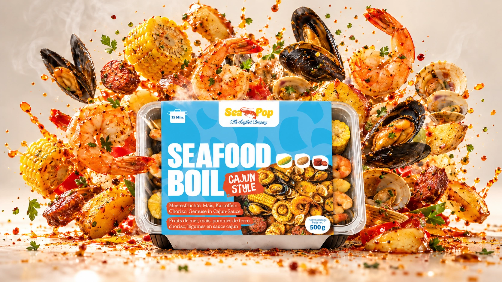 Sea Pop Seafood Boil mit der deutsch-französischen Verpackungsfront, umgeben von Garnelen, Muscheln, Mais, Kartoffeln und Chorizo