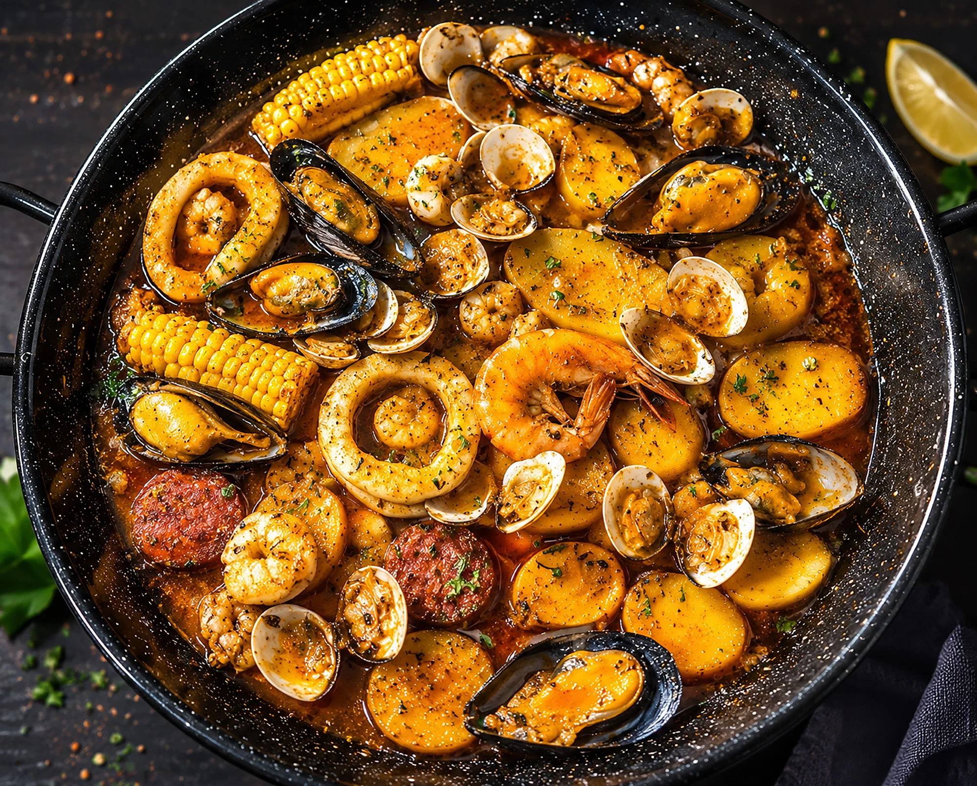 Zubereiteter Seafood Boil mit Garnelen, Muscheln, Mais, Kartoffeln und Chorizo in Sauce